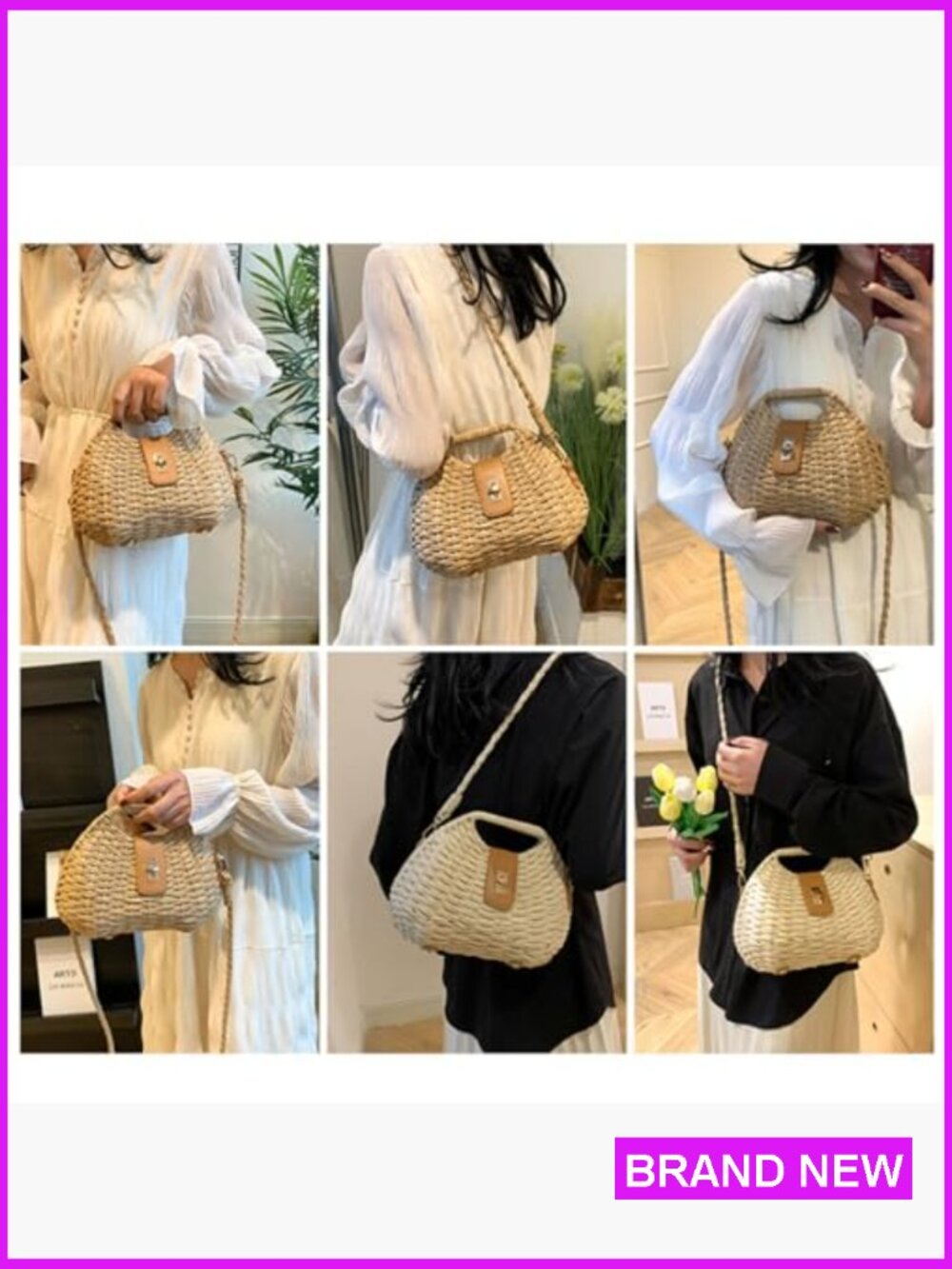Handmade Straw Woven Beach Clutch Crossbody Shoulder Bag Summer Vacation Shell - Picture 5 of 7